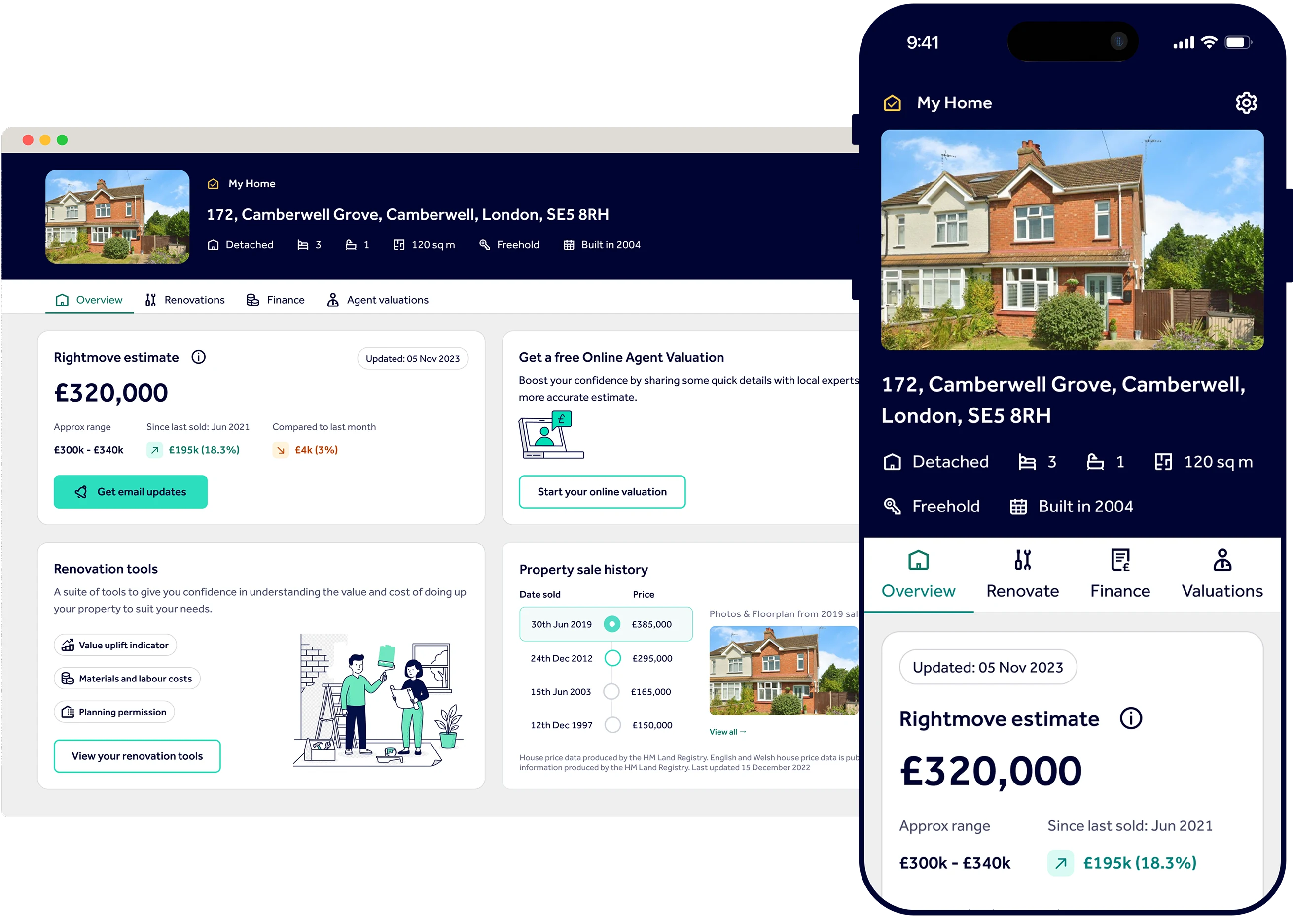 Track on desktop and in the app: the same property, with Overview, Renovations, Finance and Agent valuations on web, and Overview, Renovate, Finance and Valuations in the app